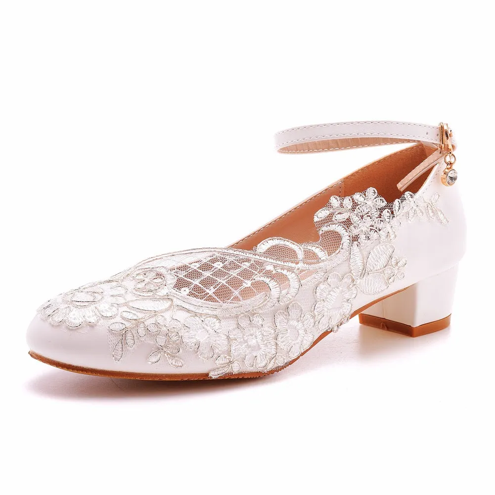 Round Toe Lace Ankle Strap Chunky Heel Wedding Shoes