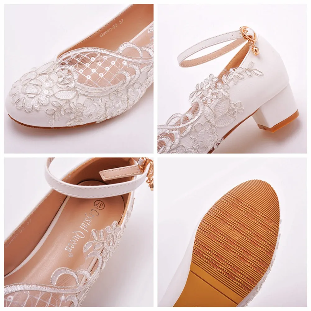 Round Toe Lace Ankle Strap Chunky Heel Wedding Shoes