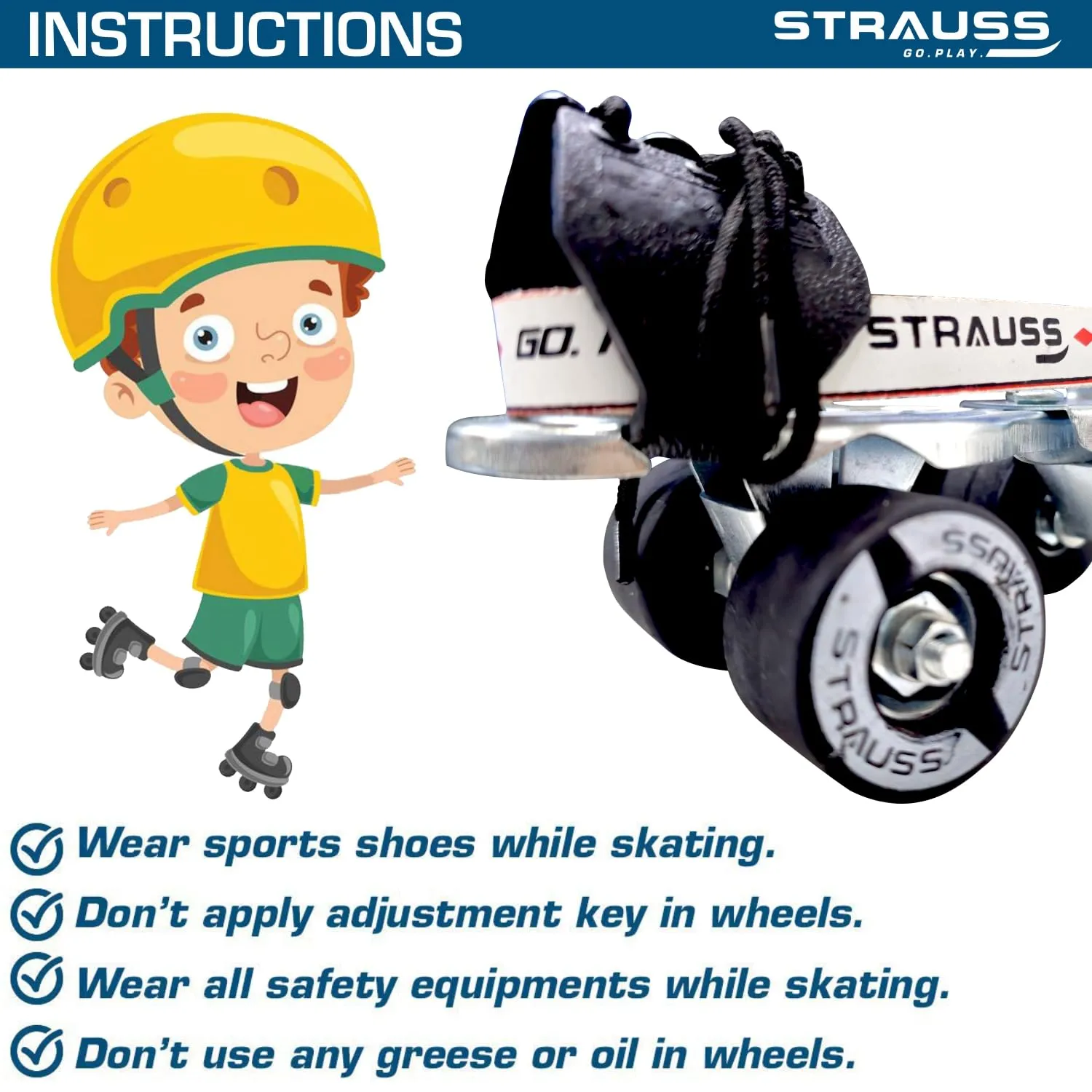 STRAUSS Junior Tenacity Roller Skates | Adjustable Shoe Size for Kids | 4 Wheels Skates for Boys and Girls | for Indoor and Outdoor Skating | Age Group 3-7 Years | Weight Capacity Upto 40kgs, Black