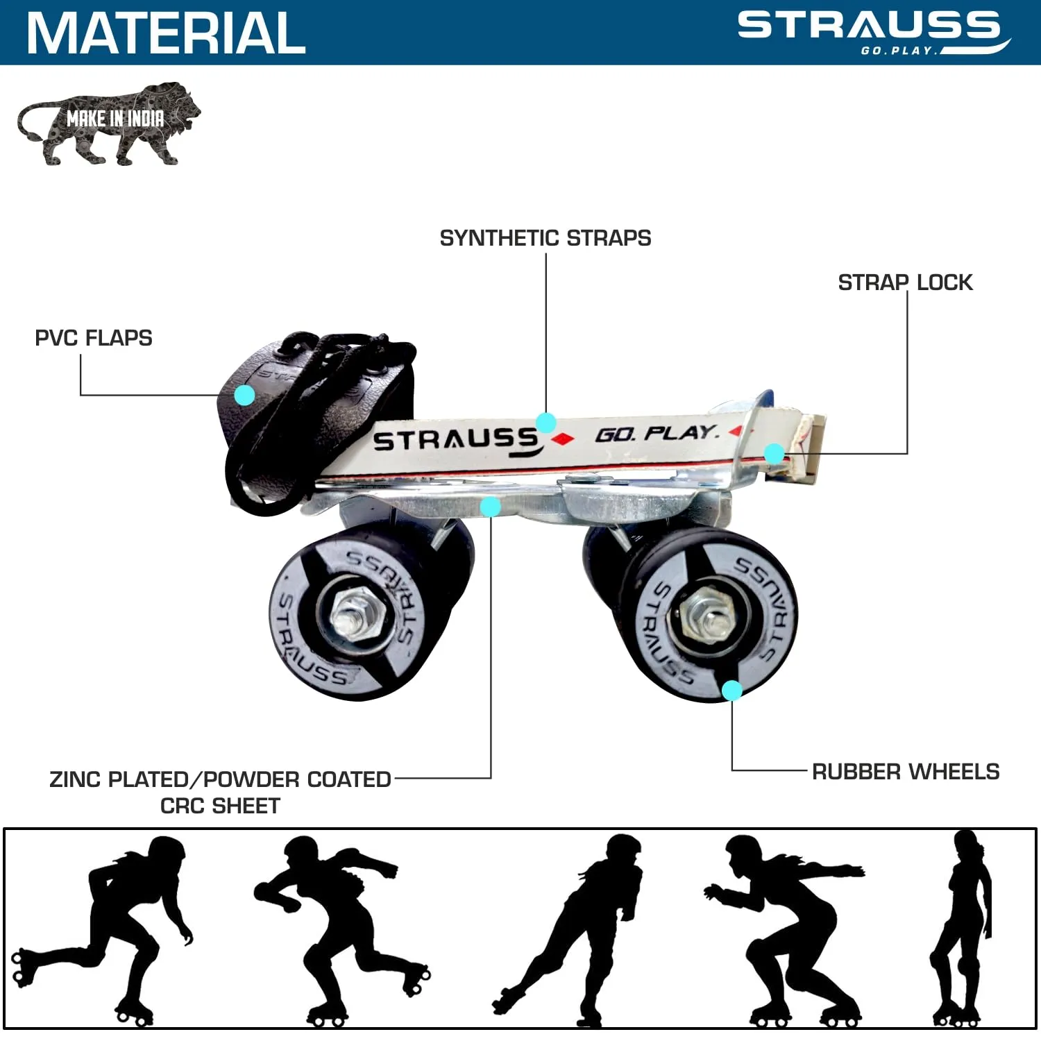 STRAUSS Junior Tenacity Roller Skates | Adjustable Shoe Size for Kids | 4 Wheels Skates for Boys and Girls | for Indoor and Outdoor Skating | Age Group 3-7 Years | Weight Capacity Upto 40kgs, Black