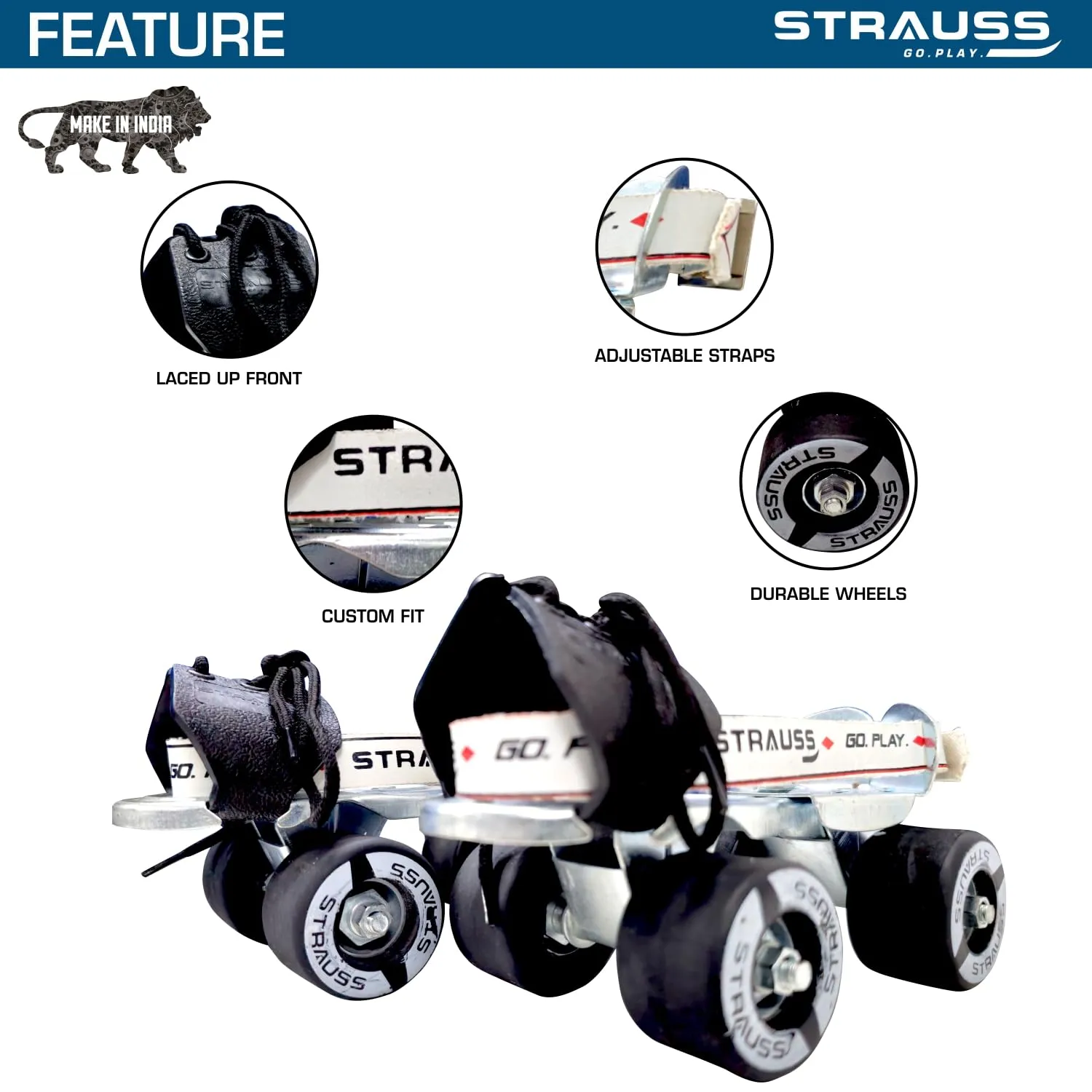 STRAUSS Junior Tenacity Roller Skates | Adjustable Shoe Size for Kids | 4 Wheels Skates for Boys and Girls | for Indoor and Outdoor Skating | Age Group 3-7 Years | Weight Capacity Upto 40kgs, Black