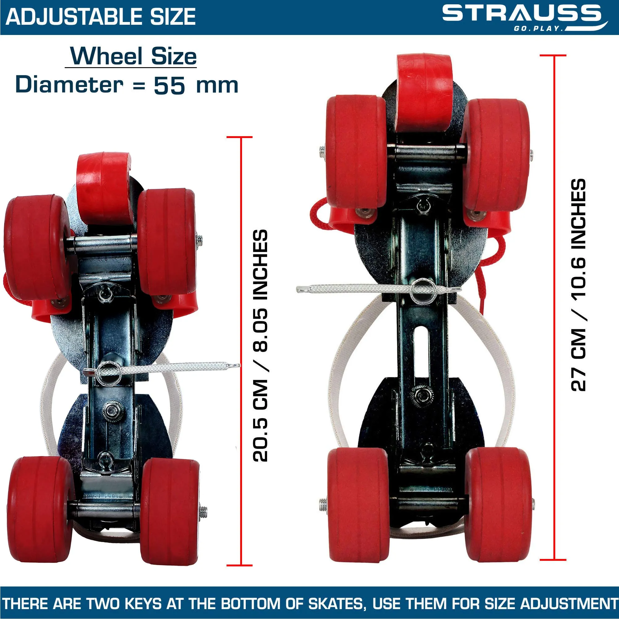 STRAUSS Senior Tenacity Roller Skates with Brakes | Roller Blades for Kids | Adjustable Shoe Size | Ideal for Indoor and Outdoor Skating | Suitable for Age Group Above 9 Years, (Black)