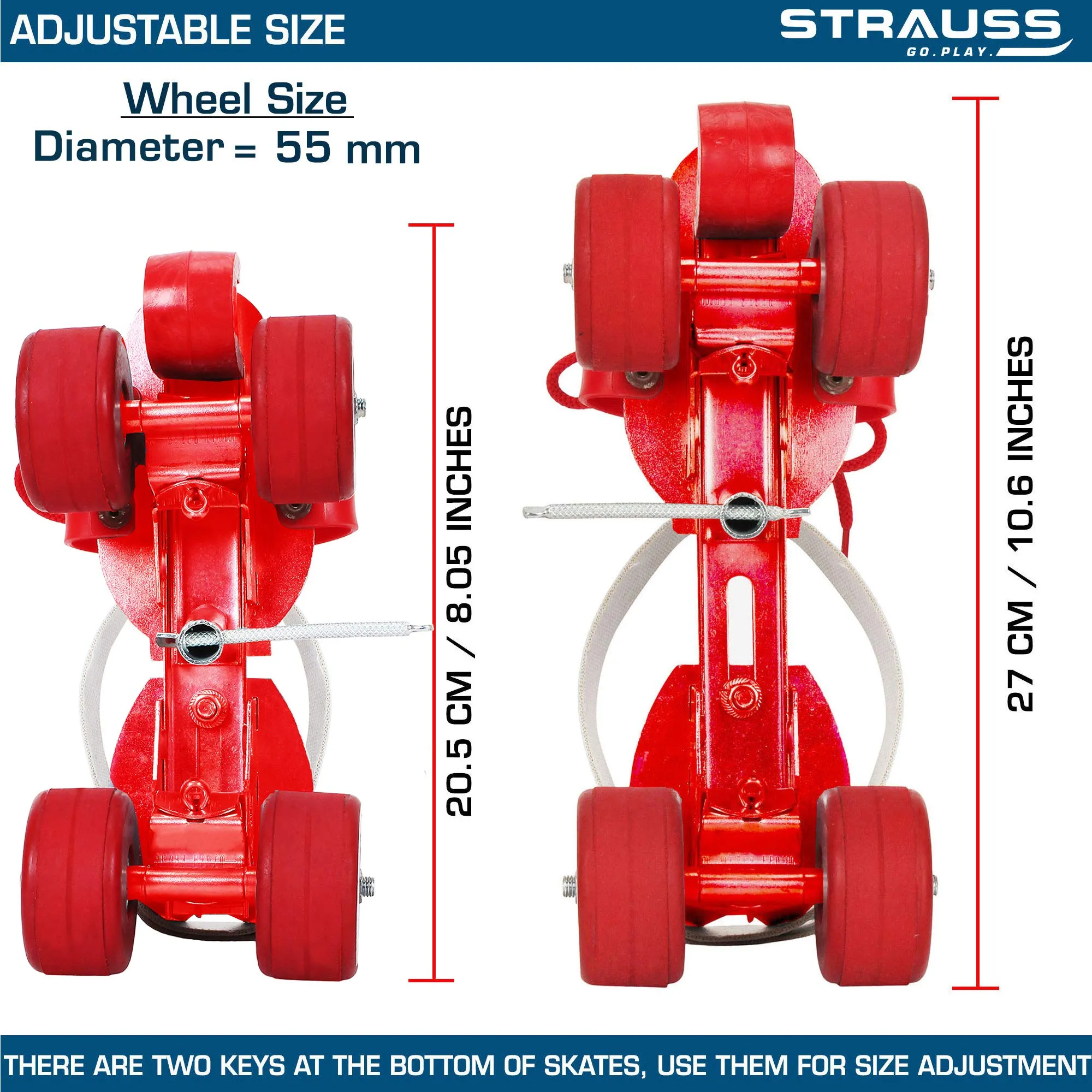 STRAUSS Senior Tenacity Roller Skates with Brakes | Roller Blades for Kids | Adjustable Shoe Size | Ideal for Indoor and Outdoor Skating | Suitable for Age Group above 9 Years, (Red)