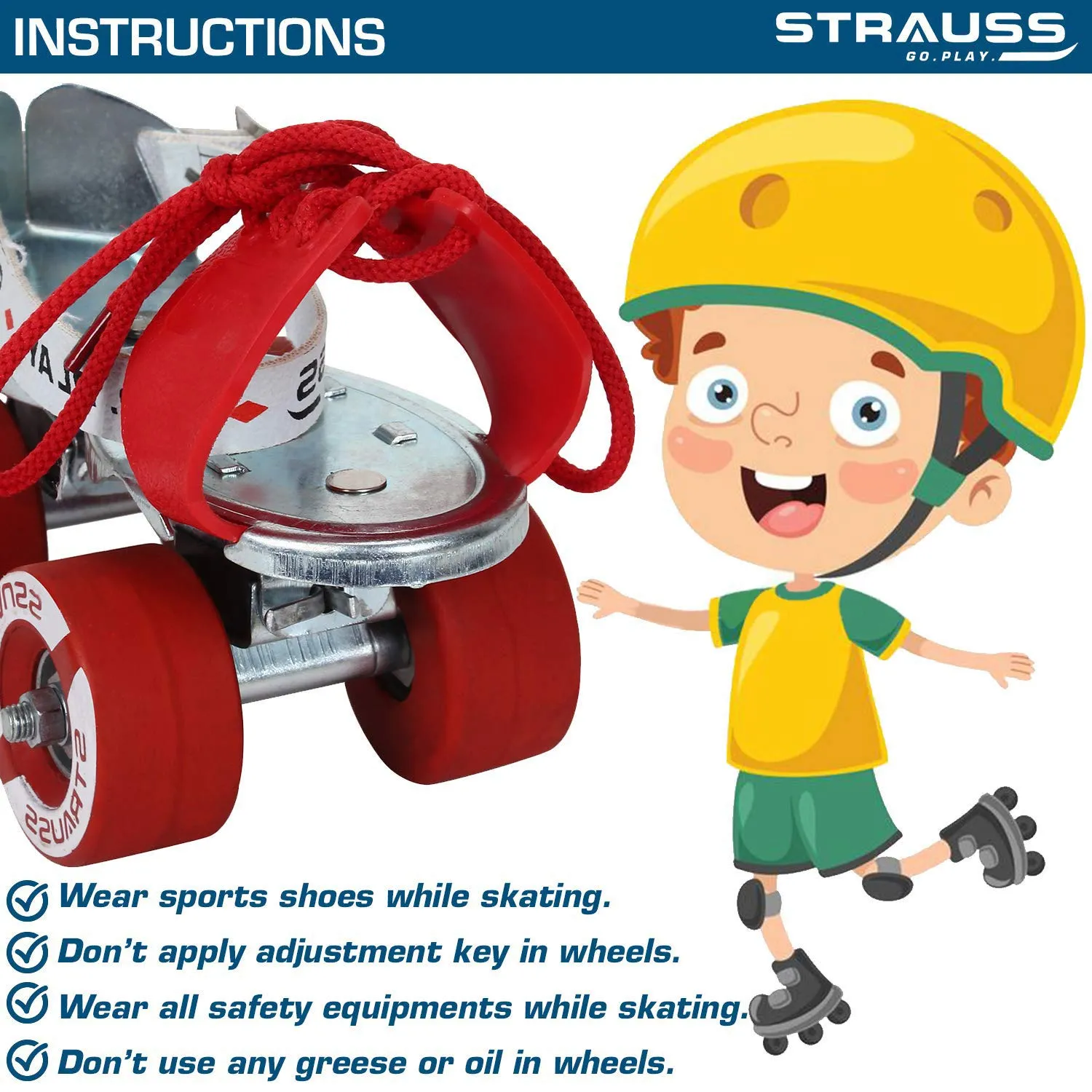 STRAUSS Tenacity Roller Skates | Roller Blades for Kids | Adjustable Shoe Size | 4 Wheels Skating Shoe for Boys and Girls | Ideal for Indoor and Outdoor Skating | Age Group 4-6 Years, (Red)