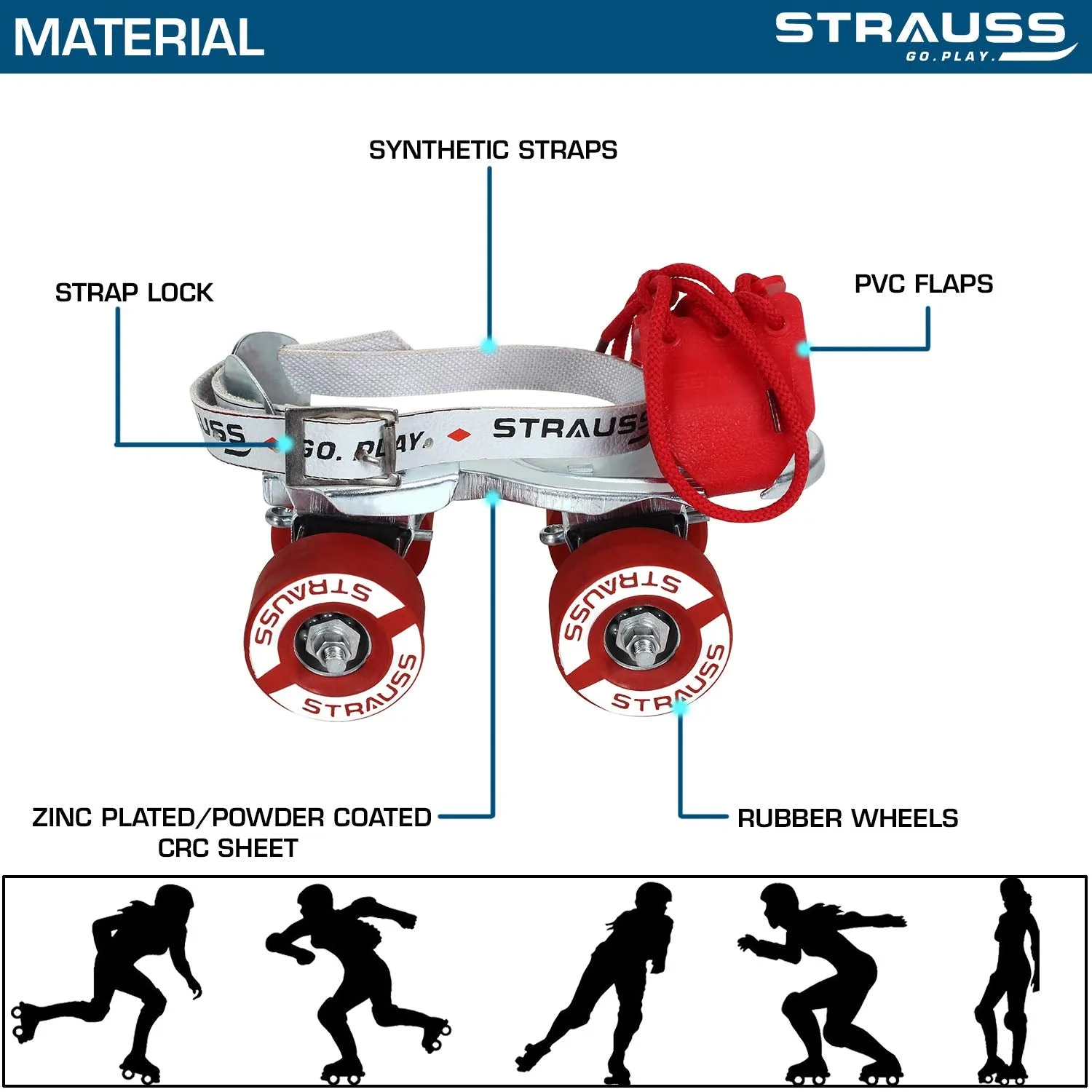 STRAUSS Tenacity Roller Skates | Roller Blades for Kids | Adjustable Shoe Size | 4 Wheels Skating Shoe for Boys and Girls | Ideal for Indoor and Outdoor Skating | Age Group 4-6 Years, (Red)