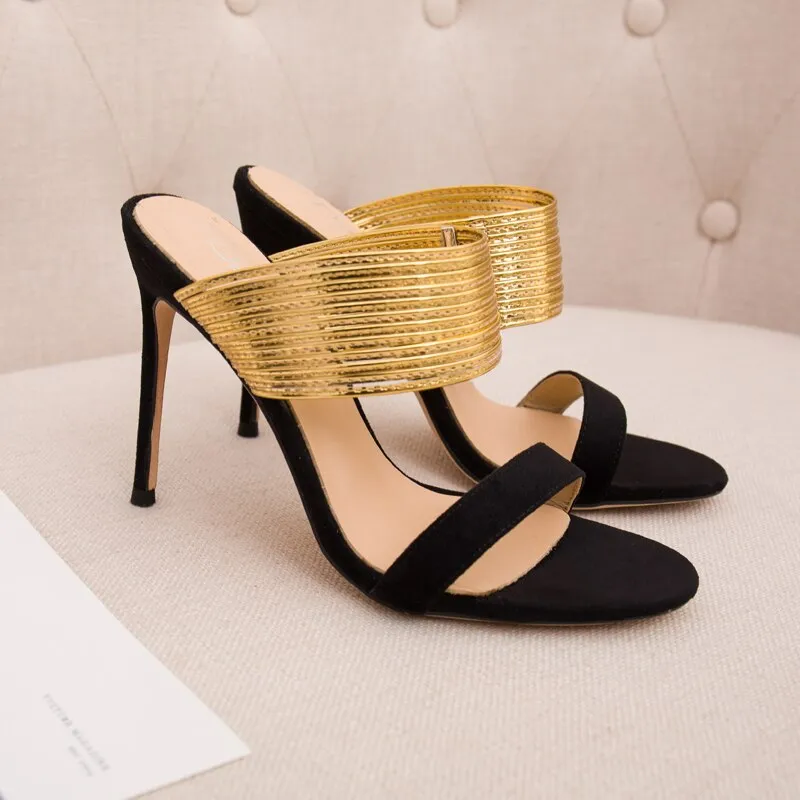 Summer Fashion High Heel Shoes Open Toe Gold Leather Cutouts Thin Heels Sandals Black Nude Red Shoes