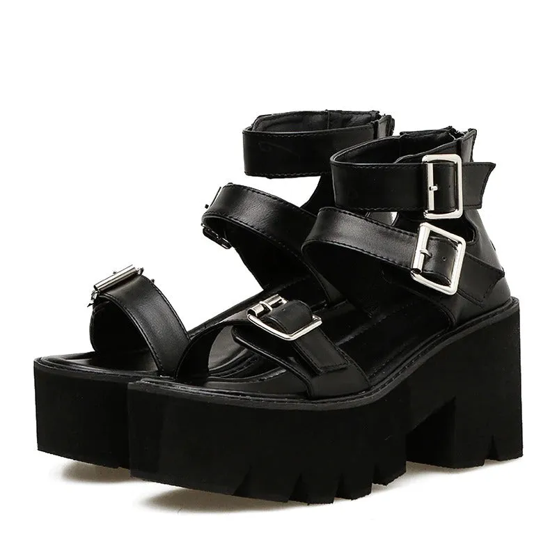 Summer Fashion Thick Heels Vegan Leather Platform Slip-On Sandals