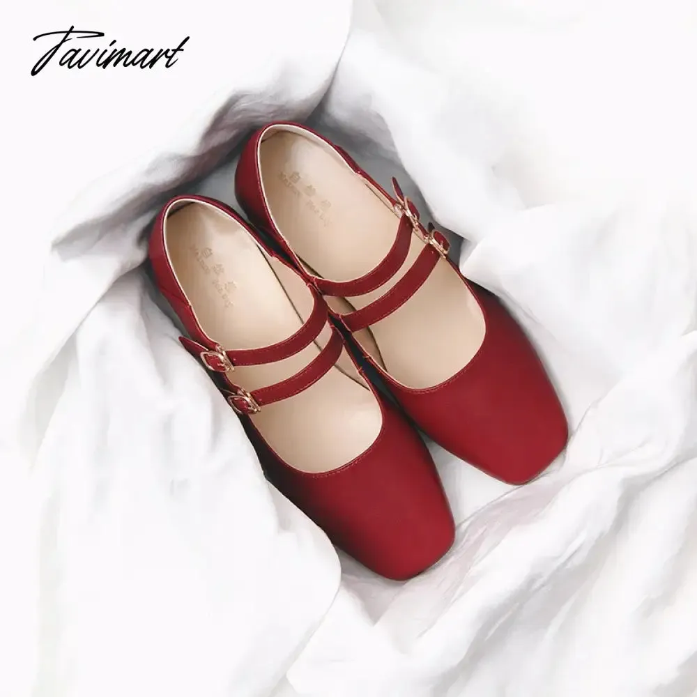 TAVIMART  -  Fashion Genuine Leather Mary Jane Feminine Shoes Autumn New Thick Low Heel Shallow Mouth Retro Artistic Hepburn Double Buckle