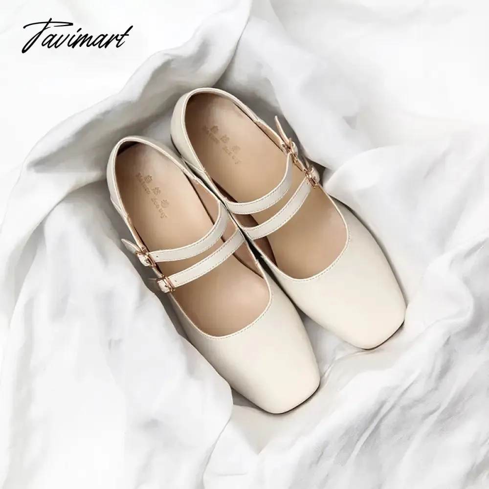 TAVIMART  -  Fashion Genuine Leather Mary Jane Feminine Shoes Autumn New Thick Low Heel Shallow Mouth Retro Artistic Hepburn Double Buckle