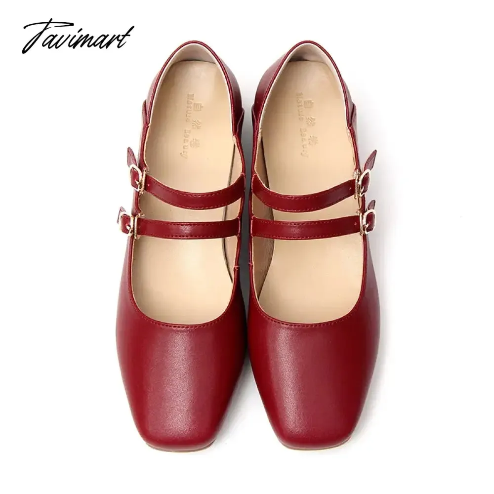 TAVIMART  -  Fashion Genuine Leather Mary Jane Feminine Shoes Autumn New Thick Low Heel Shallow Mouth Retro Artistic Hepburn Double Buckle