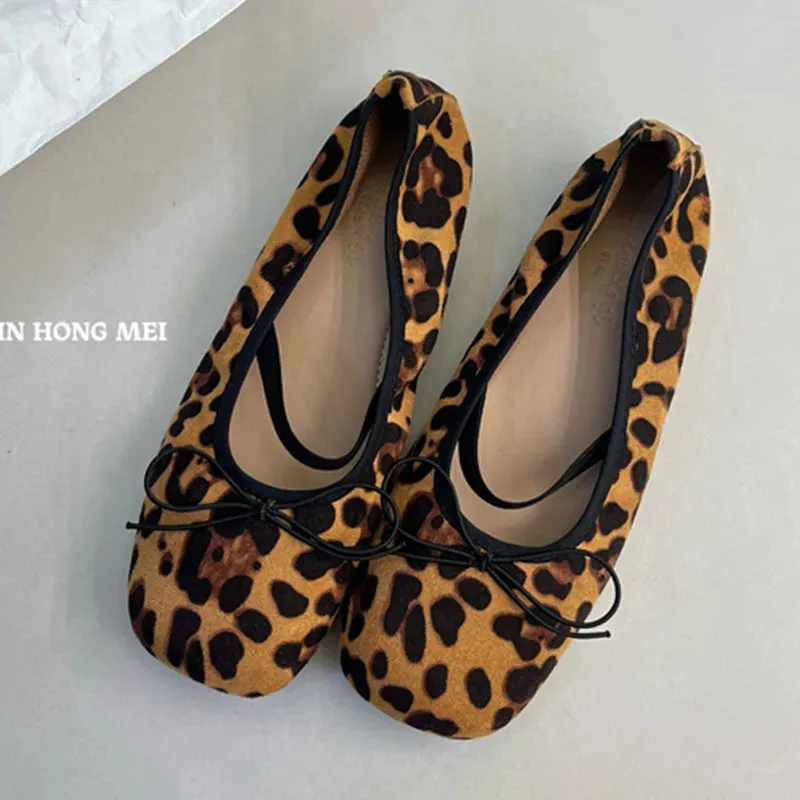 TAVIMART  -  Flats Ballet Shoes Fashion Square Toe Shallow Bow Knot Ballerina Soft Casual Loafers Comfort Moccasins Leopard Print Shoes