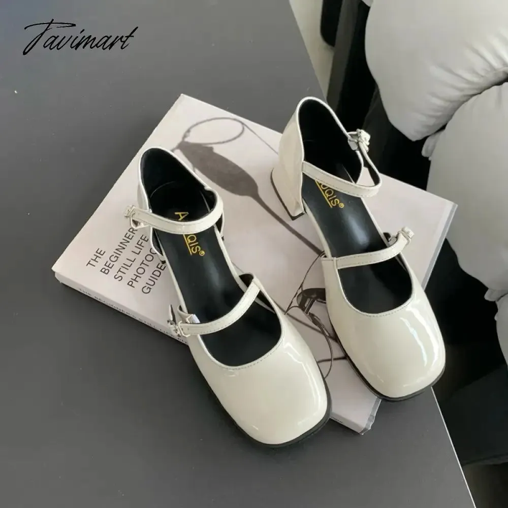 Tavimart New Mary Jane Shoes Buckle Pumps Women Thick Heels Elegant Shallow Square Toe Footwear Party Office Lady Leather Shoes