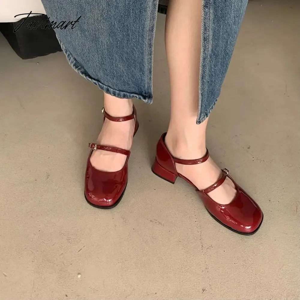 Tavimart New Mary Jane Shoes Buckle Pumps Women Thick Heels Elegant Shallow Square Toe Footwear Party Office Lady Leather Shoes