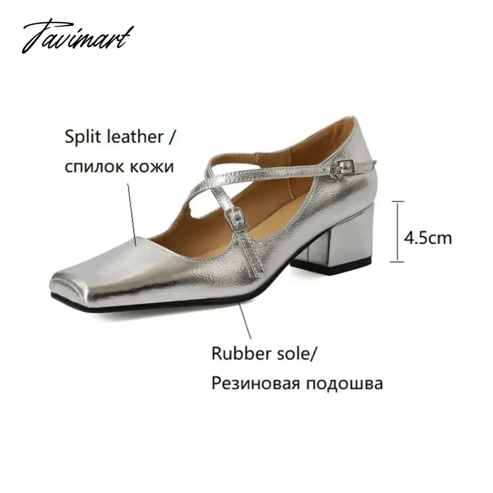 Tavimart NEW Spring/Autumn Women Shoes Split Leather Shoes Square Toe Chunky Shoes for Women Fashion Cross-tied Women Pumps Ladies Shoes