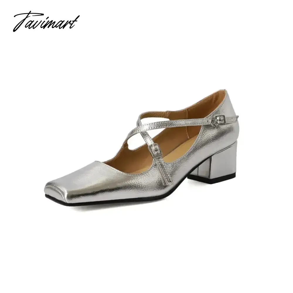 Tavimart NEW Spring/Autumn Women Shoes Split Leather Shoes Square Toe Chunky Shoes for Women Fashion Cross-tied Women Pumps Ladies Shoes