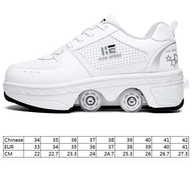 Two-Purpose Skating Shoes Deformation Shoes Double Row Rune Roller Skates Shoes, Size: 35(High-top With Light (White))