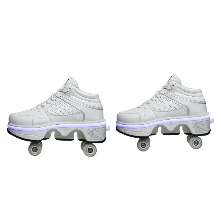 Two-Purpose Skating Shoes Deformation Shoes Double Row Rune Roller Skates Shoes, Size: 35(High-top With Light (White))