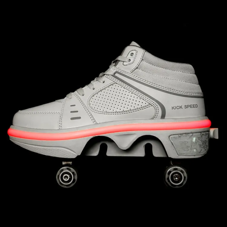 Two-Purpose Skating Shoes Deformation Shoes Double Row Rune Roller Skates Shoes, Size: 41(High-top With Light (White))