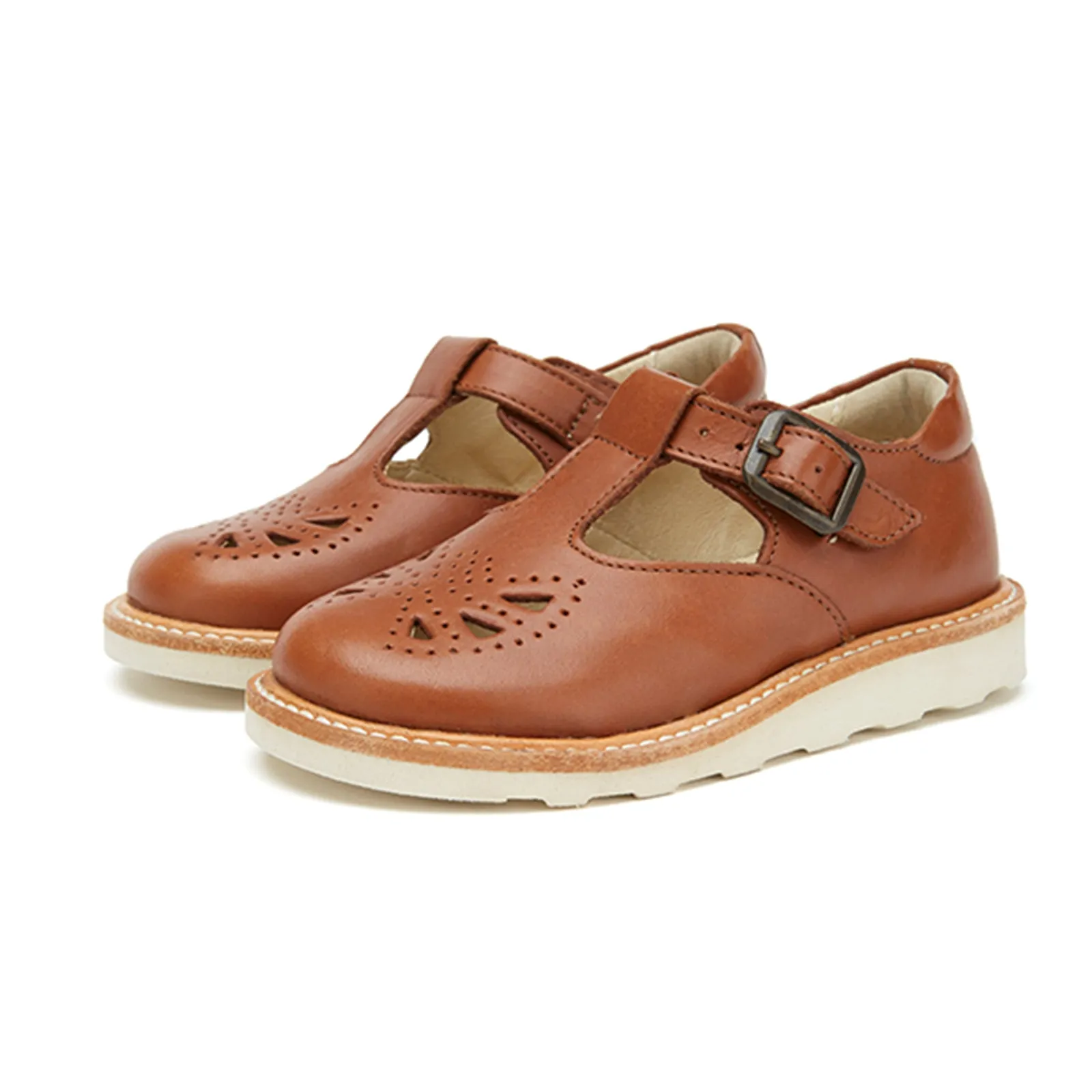 Young Soles Rosie T-Bar Leather Shoes - Chestnut Brown